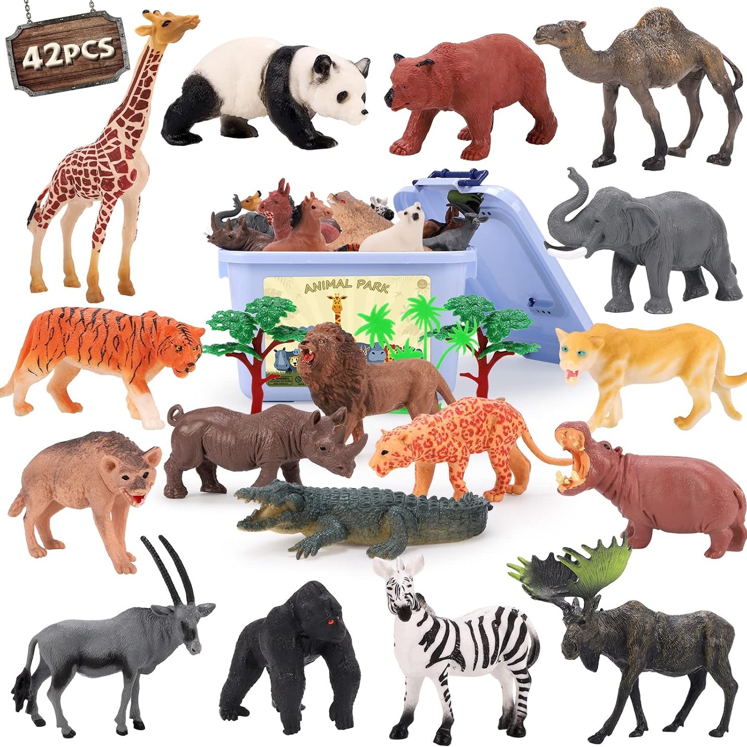 Safari Animal Figures Set, 42 Pieces with Storage Case