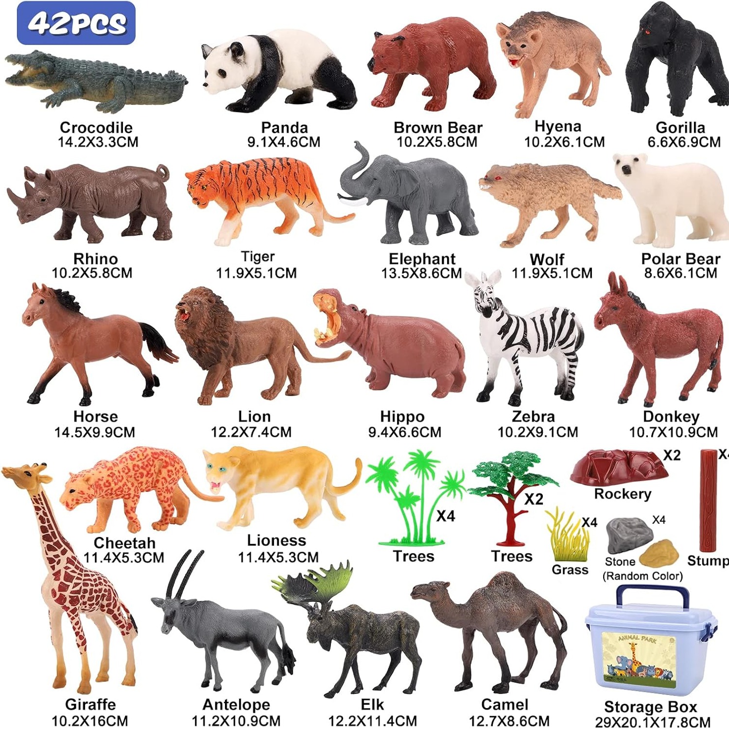 Safari Animal Figures Set, 42 Pieces with Storage Case