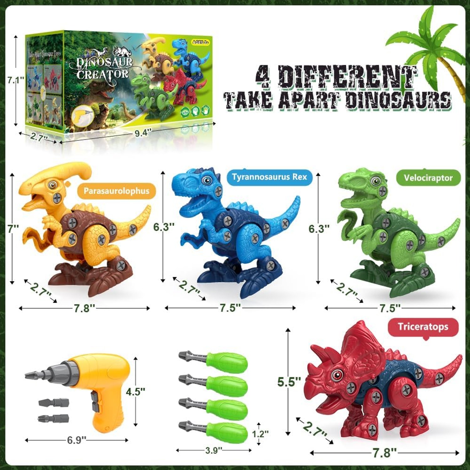 Take Apart Dinosaurs with Drill 4 Pack Construction Set