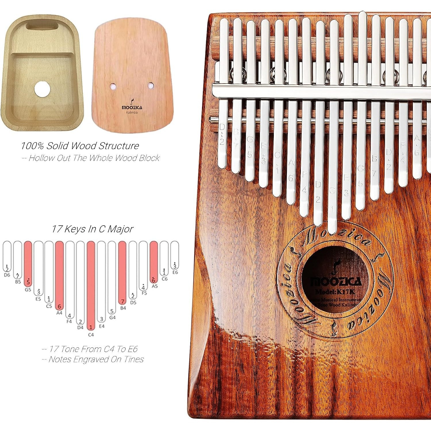 17 Key Koa Wood Kalimba Thumb Piano with Hard Case: image 2