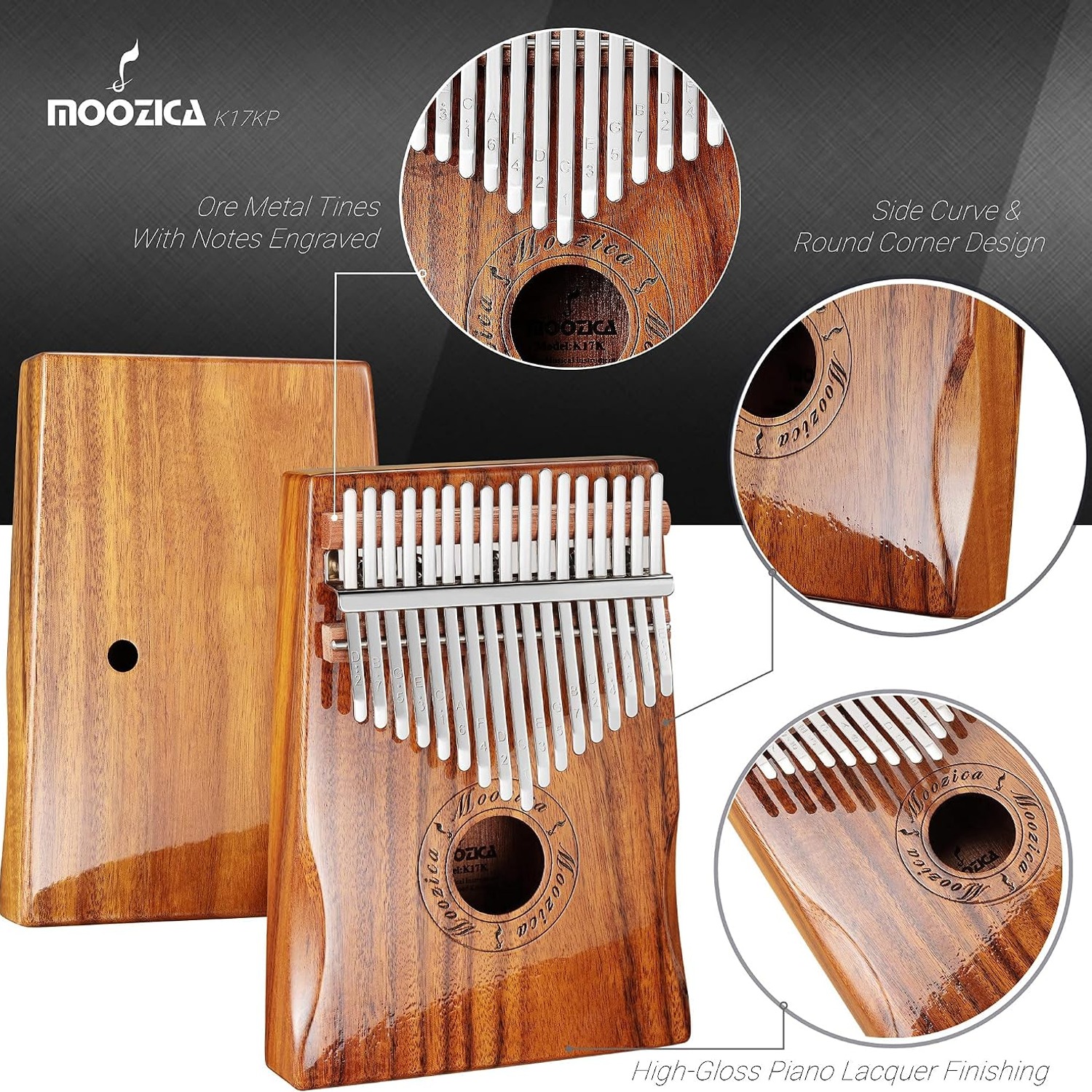 17 Key Koa Wood Kalimba Thumb Piano with Hard Case: image 4