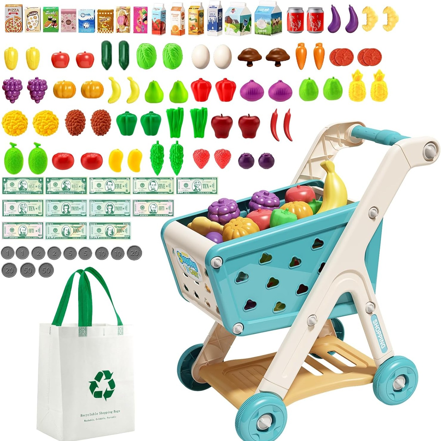 Kids Shopping Trolley Play Set with Pretend Food