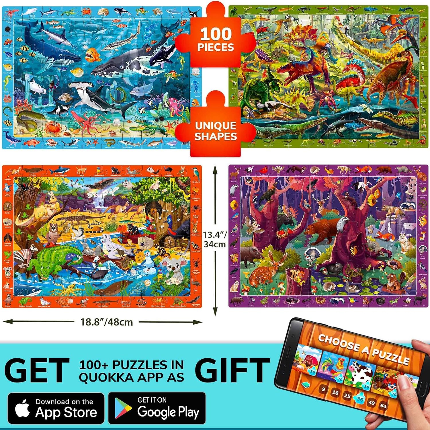 100 Piece Floor Puzzles 3 Pack (Dinosaurs, Ocean & Wild Animals)