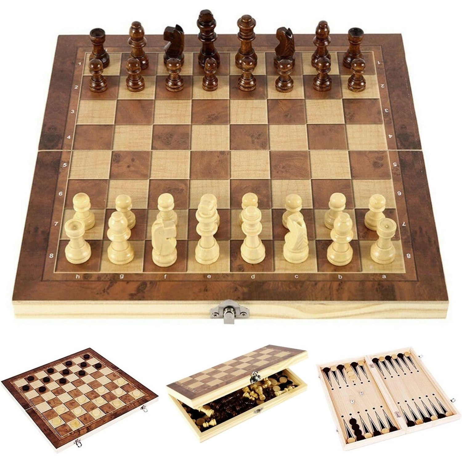3-in-1 Wooden Chess Set with Folding Board