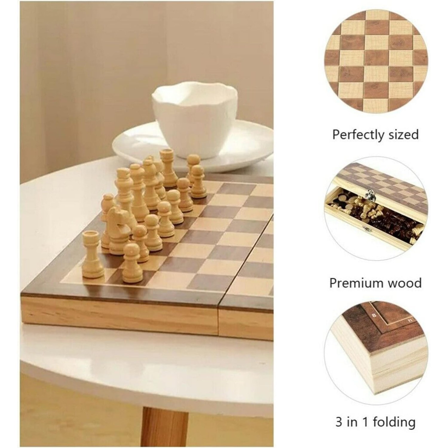 3-in-1 Wooden Chess Set with Folding Board: image 6