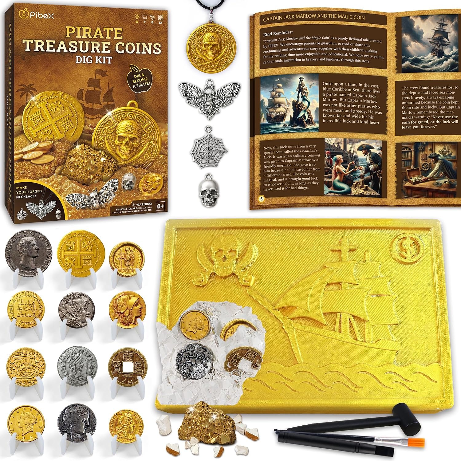 Pirate Treasure Dig Kit with 12 Metal Coin Replicas