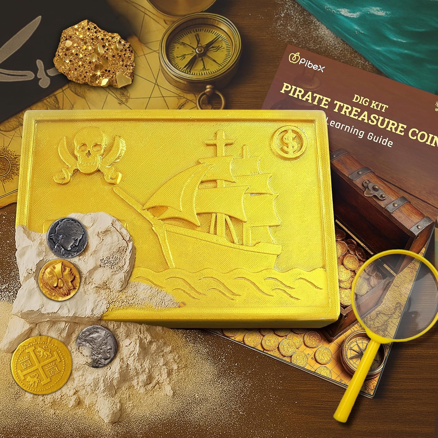 Pirate Treasure Dig Kit with 12 Metal Coin Replicas