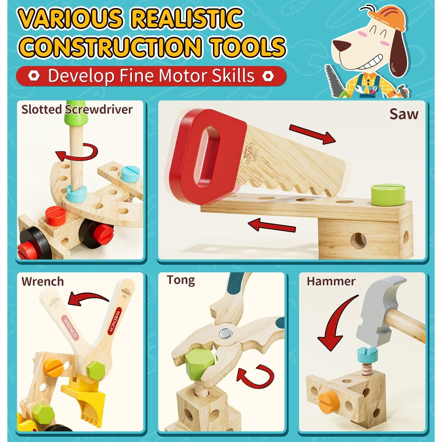 Kids Wooden Tool Set with Carry Toolbox