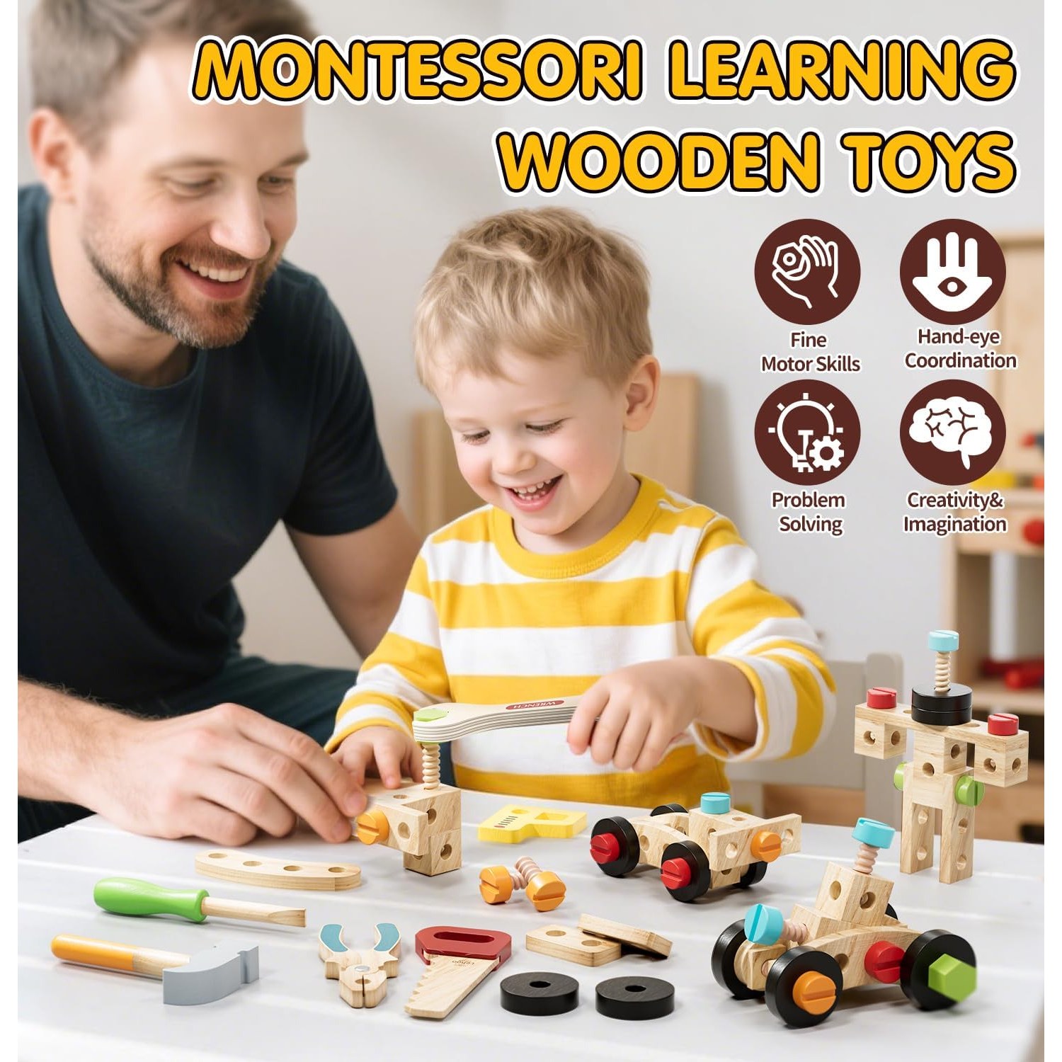 Kids Wooden Tool Set with Carry Toolbox