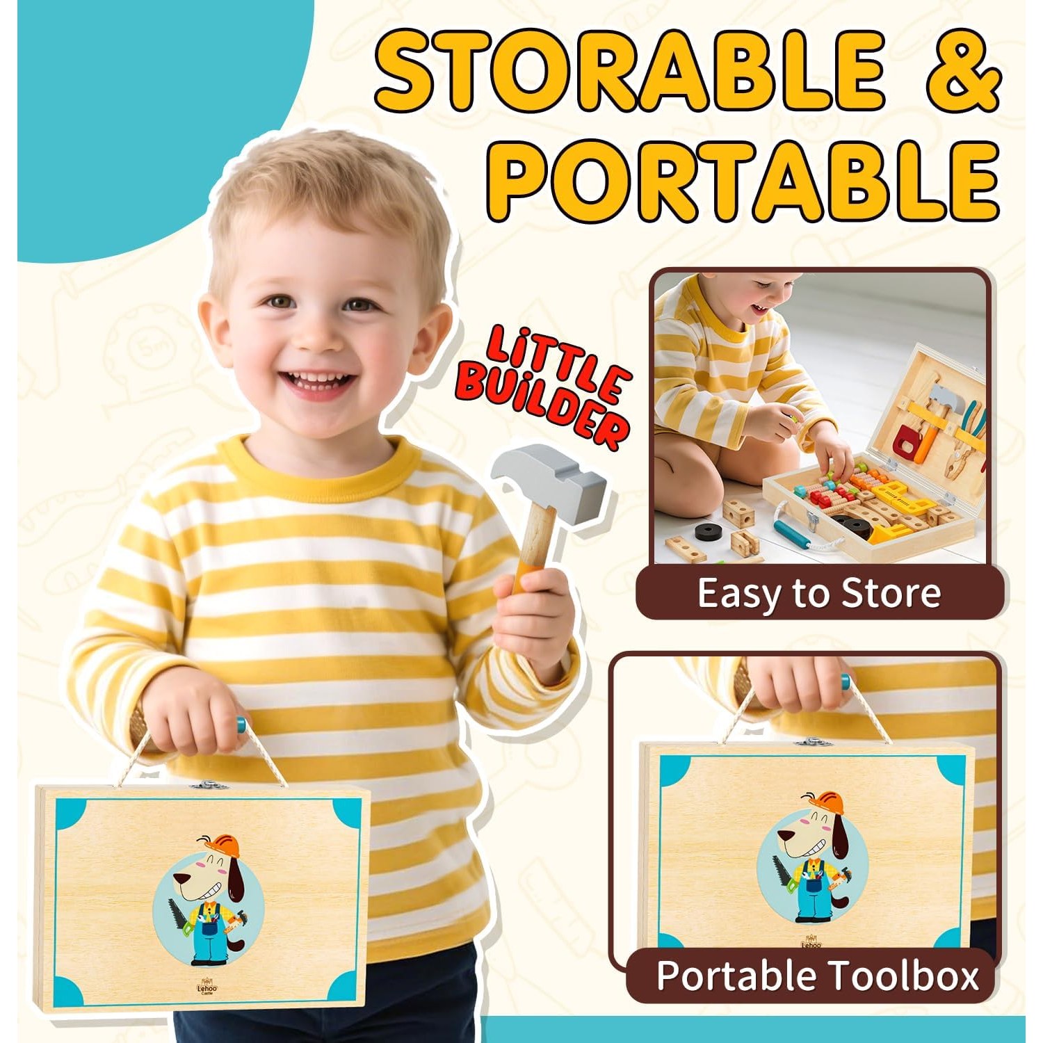 Kids Wooden Tool Set with Carry Toolbox