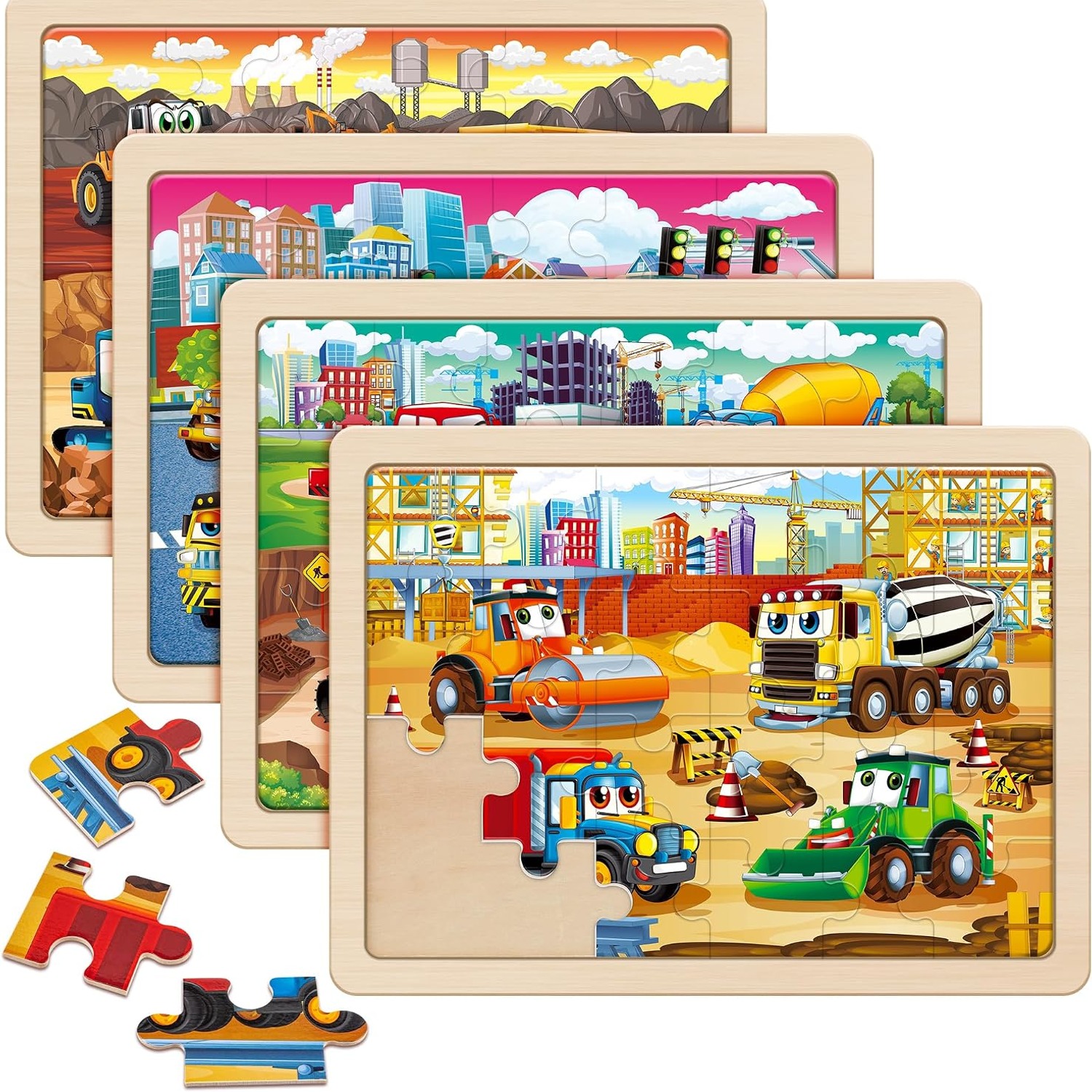 Wooden Construction Vehicle Puzzles Set of 4