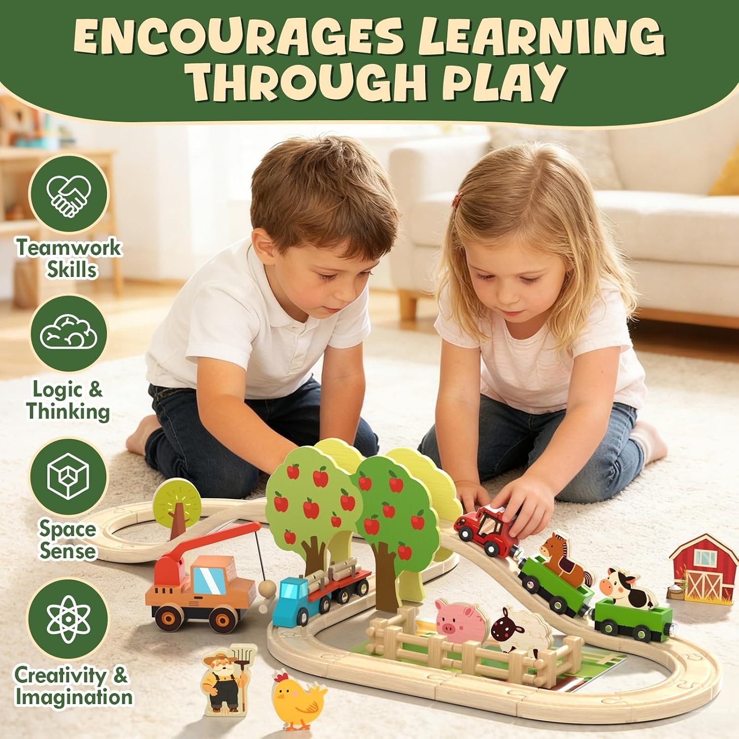 Wooden Farm Train Set with Animals, Barn and Crane: image 3