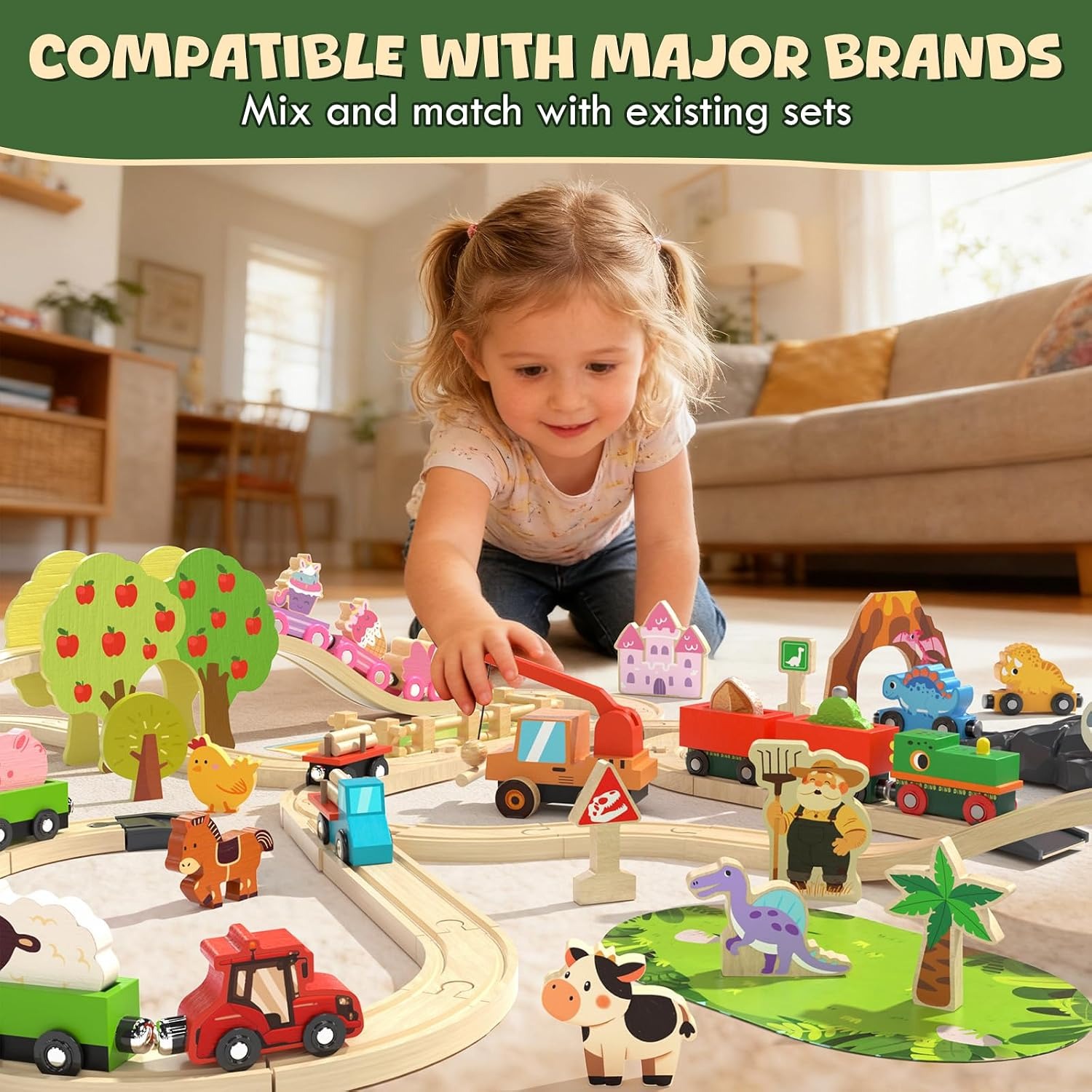 Wooden Farm Train Set with Animals, Barn and Crane: image 4